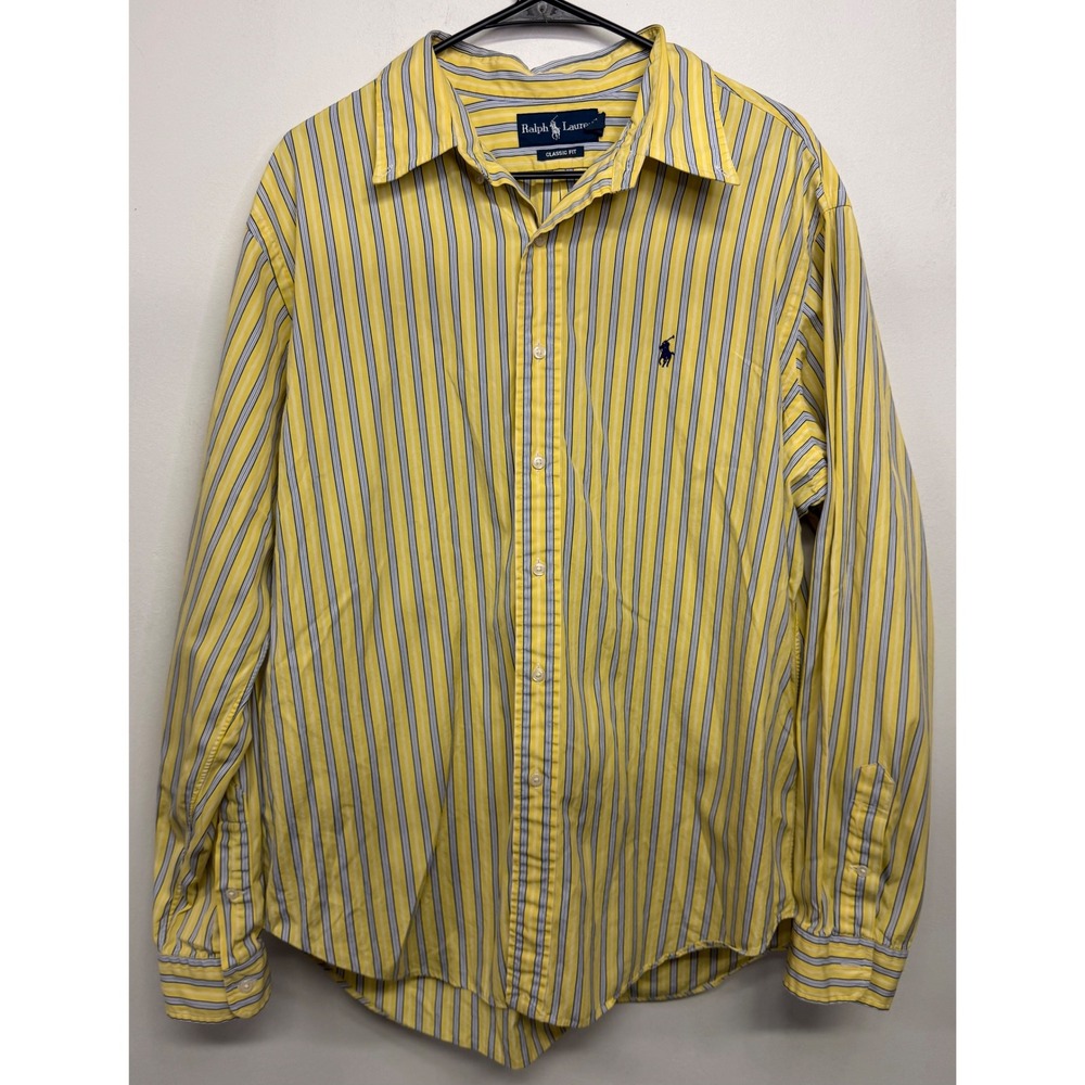 Ralph Lauren Mens XL Classic Fit Shirt Yellow Blue Multi Stripe Button Down Pony